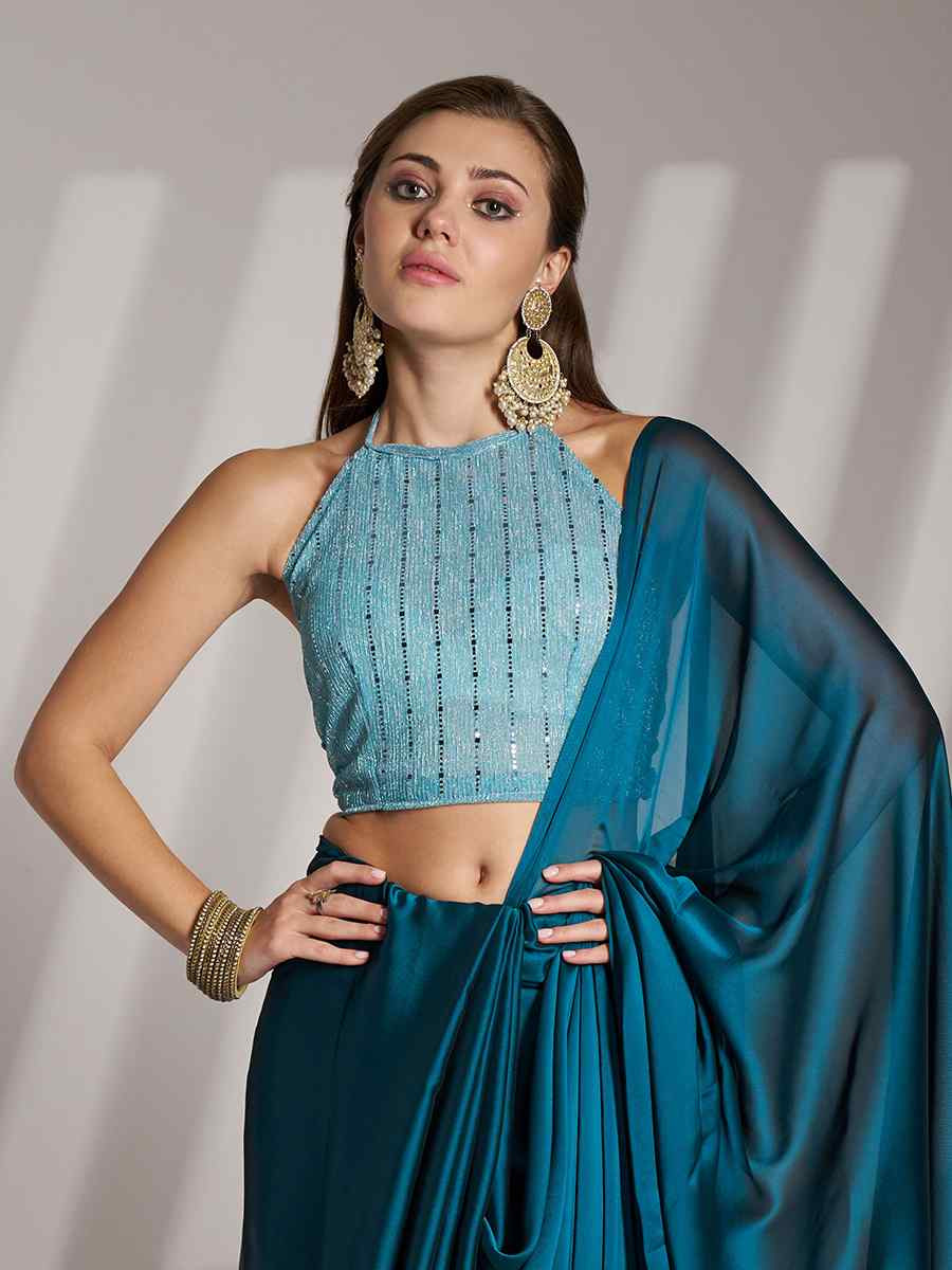 Blue Satin Rangoli Solid Casual Festival Classic Style Saree