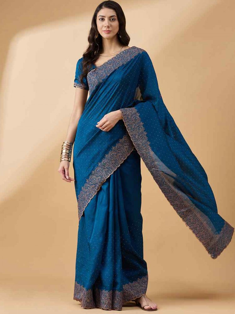 Blue Silk Blend Handwoven Wedding Festival Heavy Border Saree