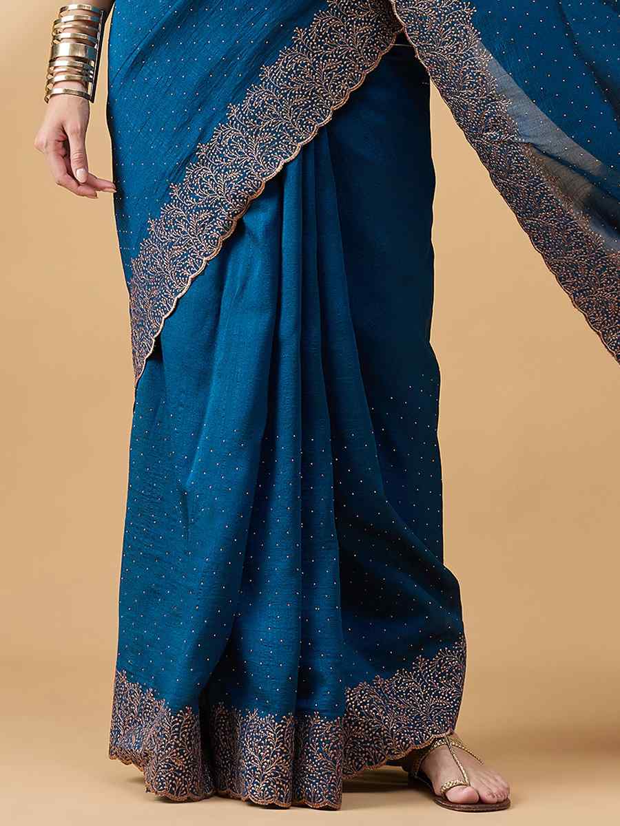 Blue Silk Blend Handwoven Wedding Festival Heavy Border Saree