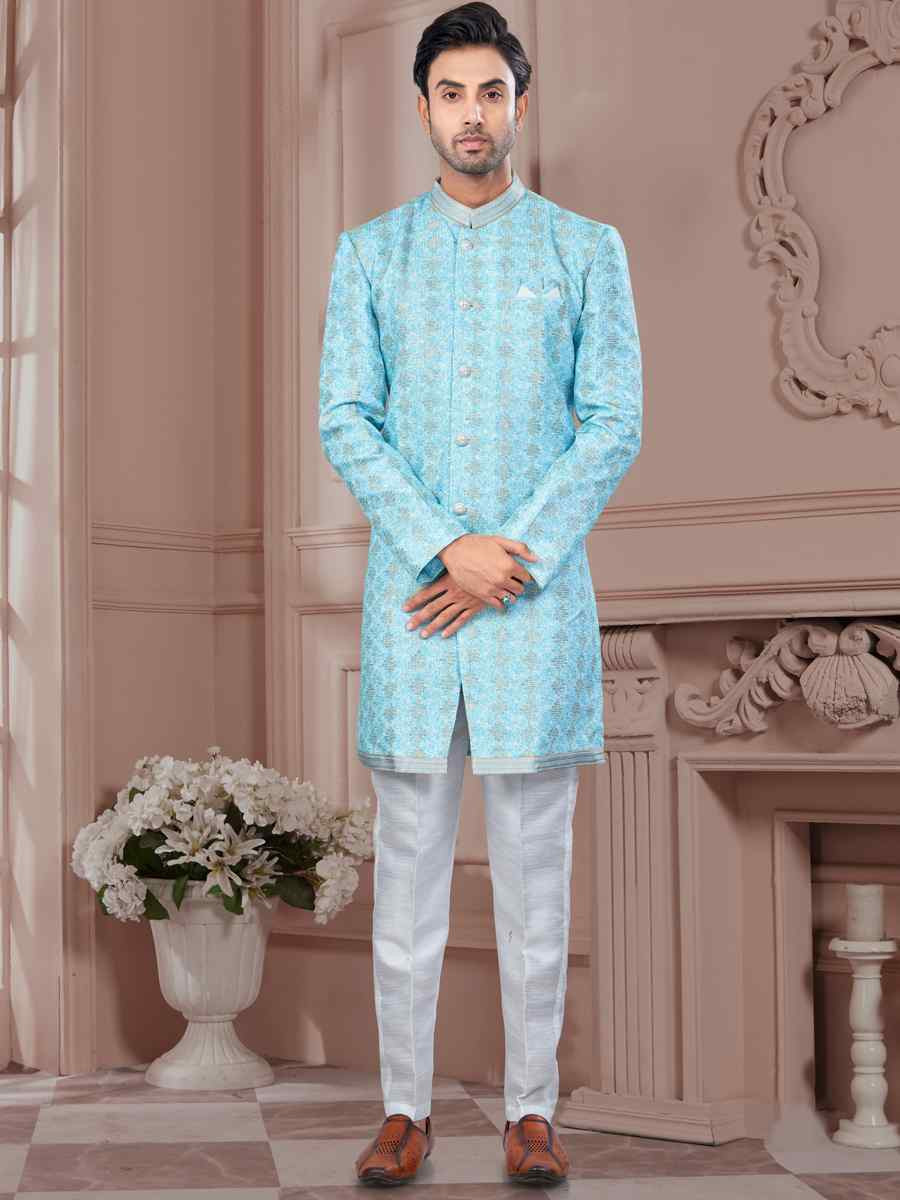 Blue Silk Dupion Embroidered Festival Wedding Sherwani