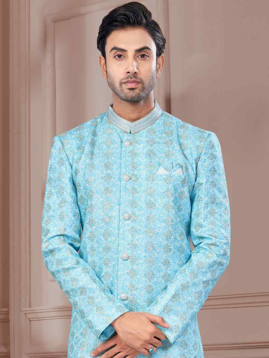 Blue Silk Dupion Embroidered Festival Wedding Sherwani