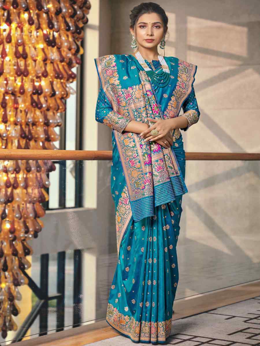 Blue Silk Embroidered Wedding Party Heavy Border Saree