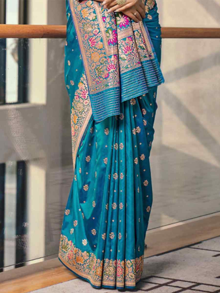 Blue Silk Embroidered Wedding Party Heavy Border Saree