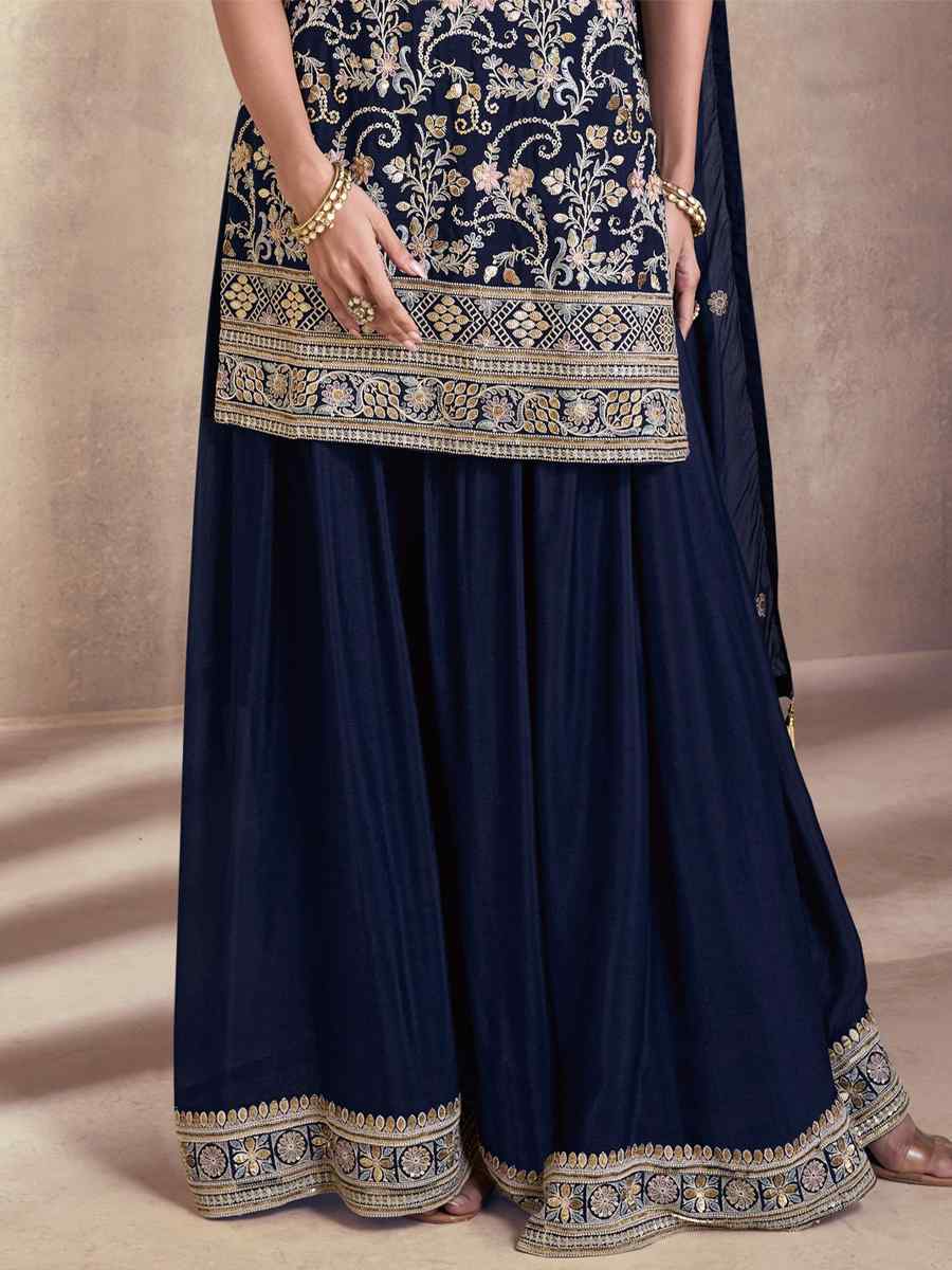 Blue Silk Georgette Embroidered Festival Mehendi Sharara Pant Salwar Kameez