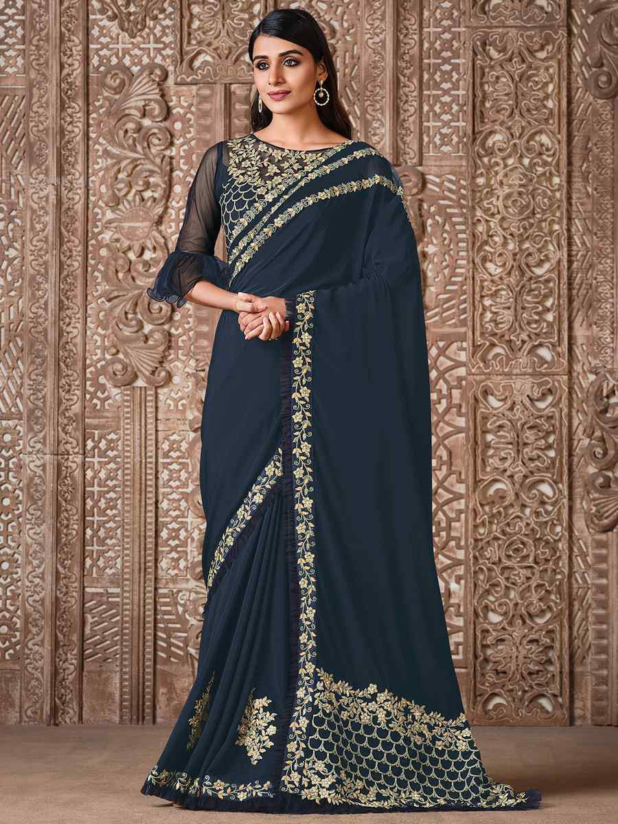 Blue Silk Georgette Embroidered Reception Wedding Heavy Border Saree