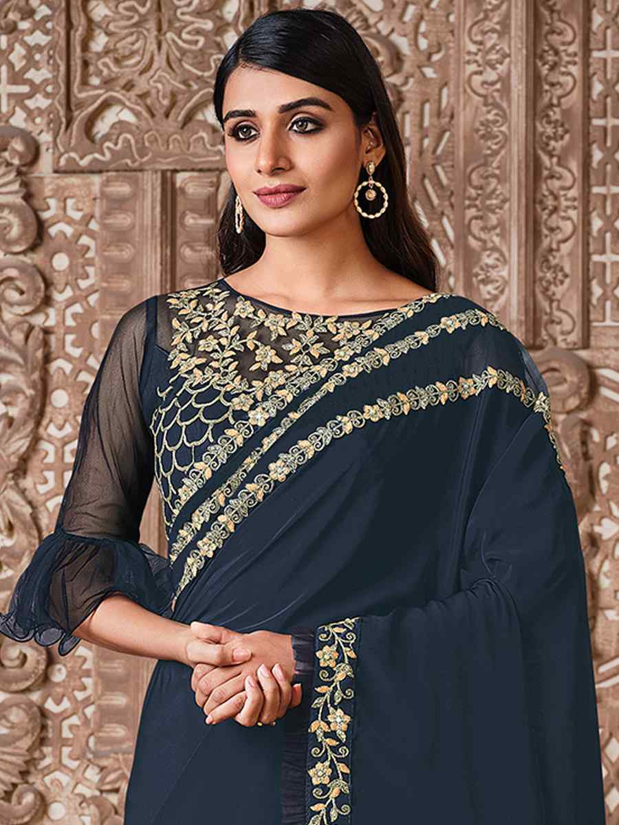 Blue Silk Georgette Embroidered Reception Wedding Heavy Border Saree