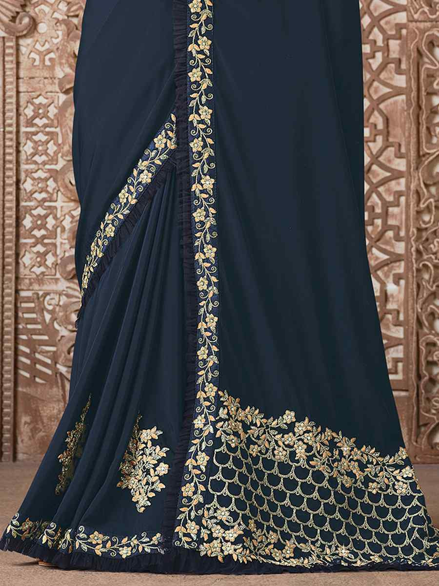 Blue Silk Georgette Embroidered Reception Wedding Heavy Border Saree