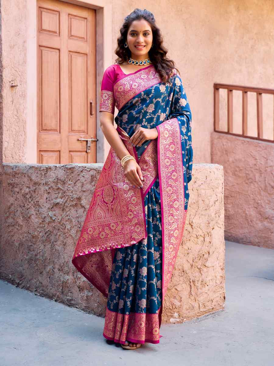 Blue Silk Handwoven Festival Casual Contemporary Saree