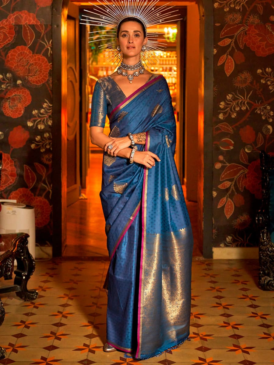 Blue Silk Handwoven Festival Wedding Heavy Border Saree