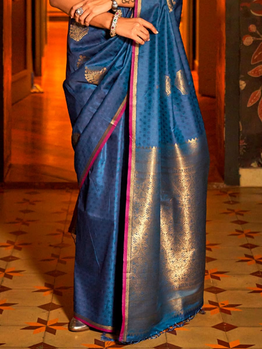 Blue Silk Handwoven Festival Wedding Heavy Border Saree