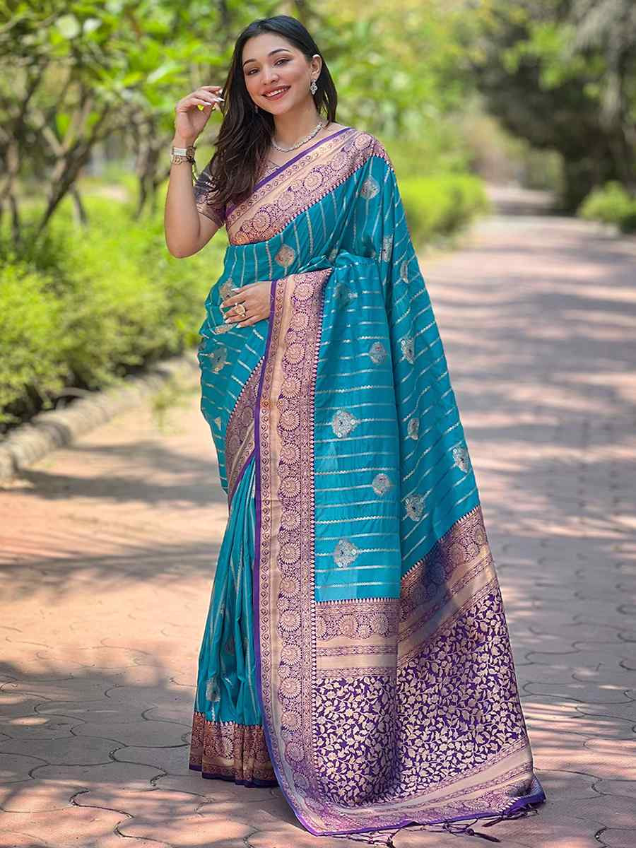 Blue Silk Handwoven Festival Wedding Heavy Border Saree