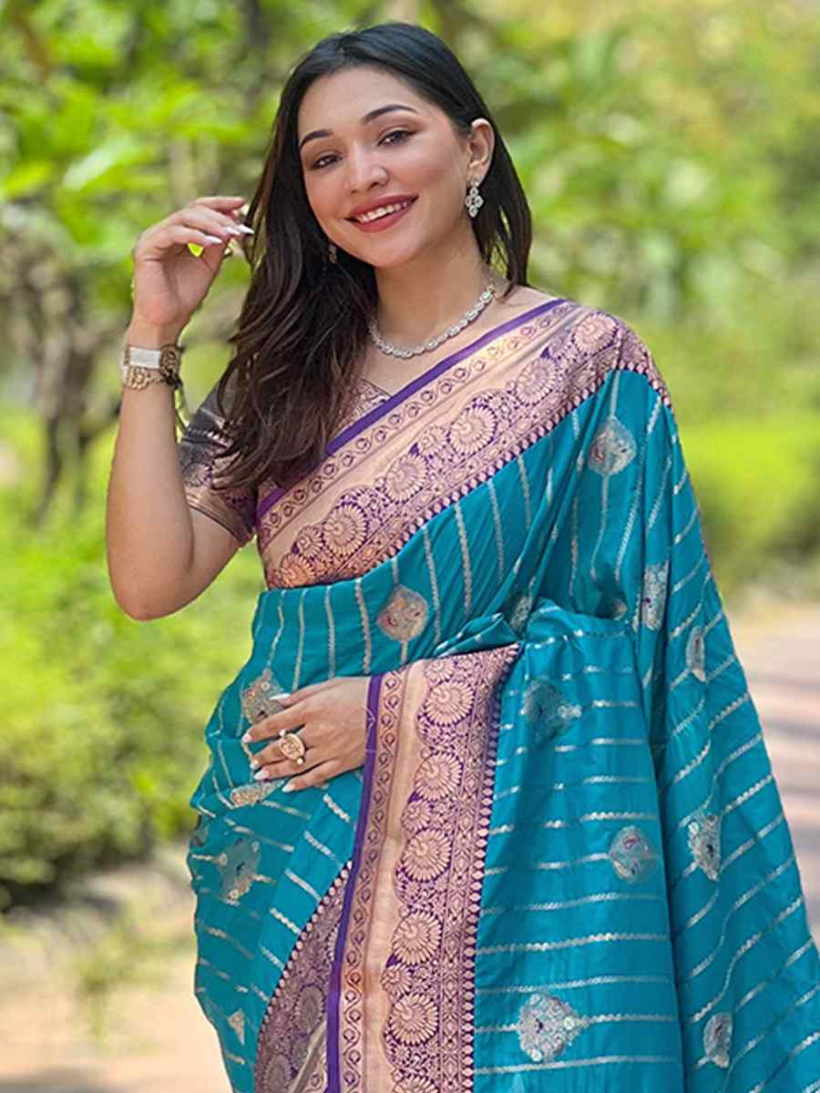 Blue Silk Handwoven Festival Wedding Heavy Border Saree