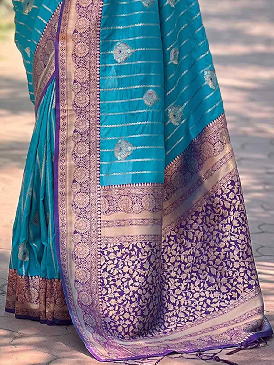 Blue Silk Handwoven Festival Wedding Heavy Border Saree