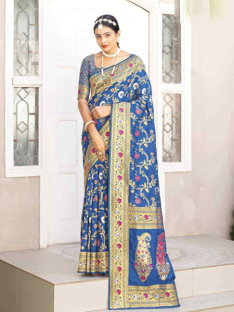 Blue Silk Handwoven Festival Wedding Heavy Border Saree