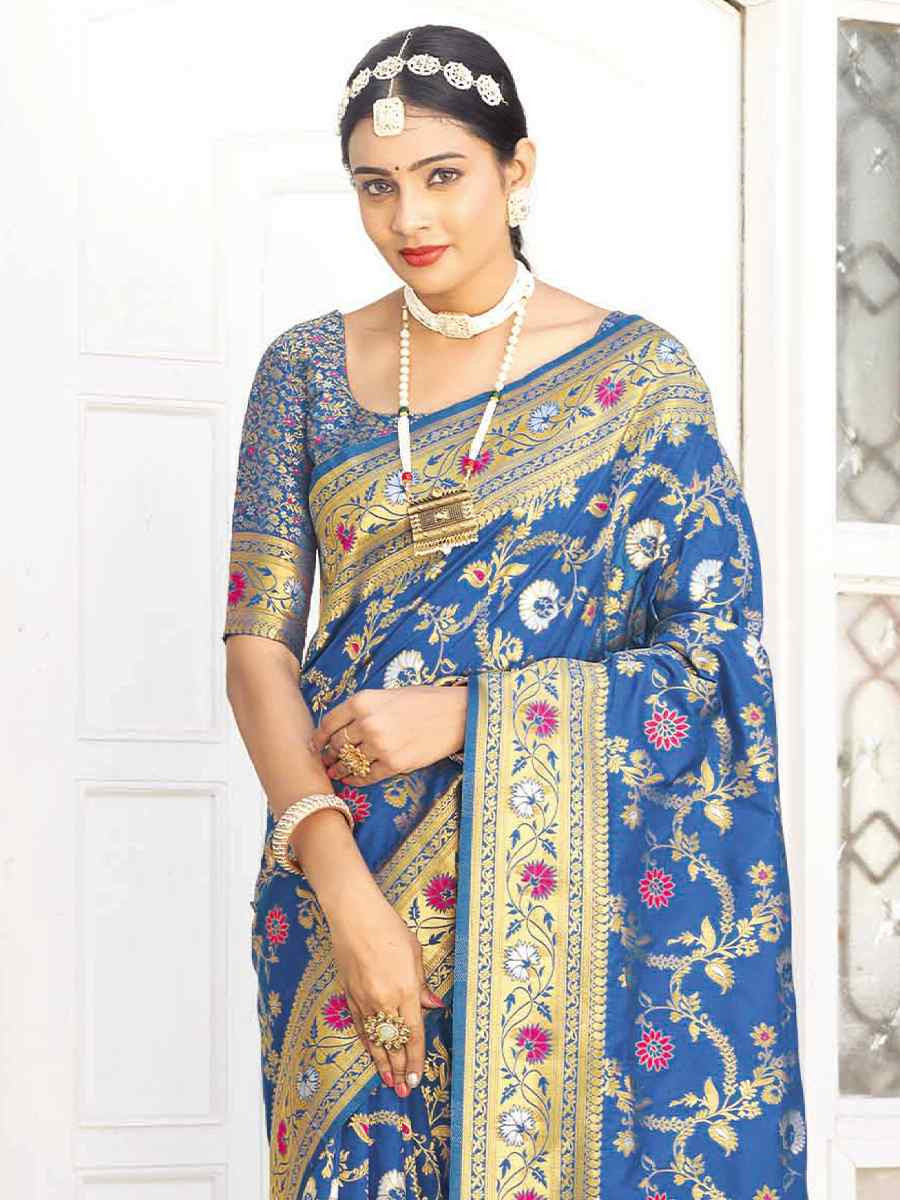 Blue Silk Handwoven Festival Wedding Heavy Border Saree