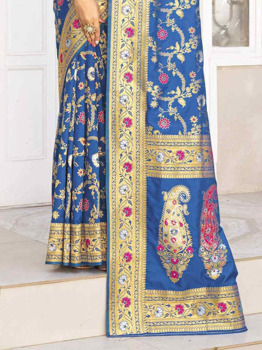 Blue Silk Handwoven Festival Wedding Heavy Border Saree