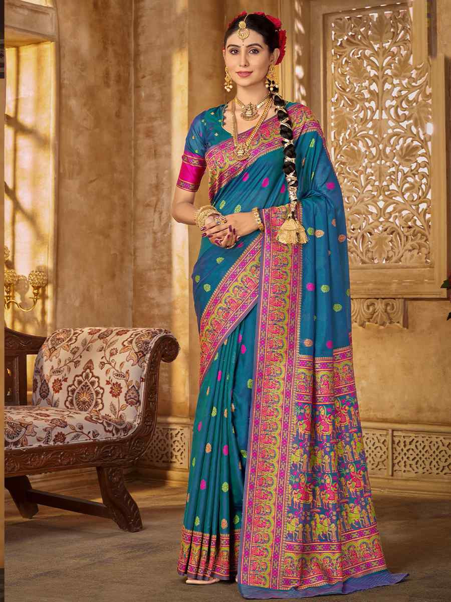 Blue Silk Handwoven Festival Wedding Heavy Border Saree