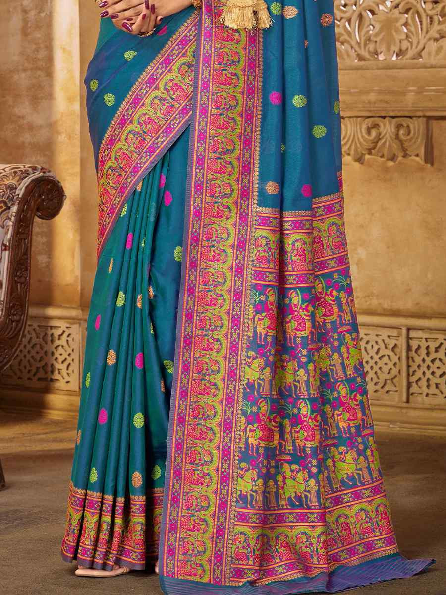 Blue Silk Handwoven Festival Wedding Heavy Border Saree