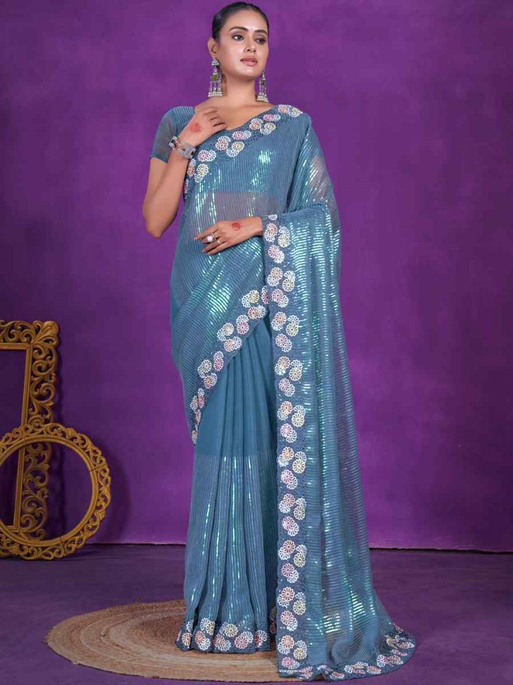 Blue Simer Embroidered Wedding Party Heavy Border Saree