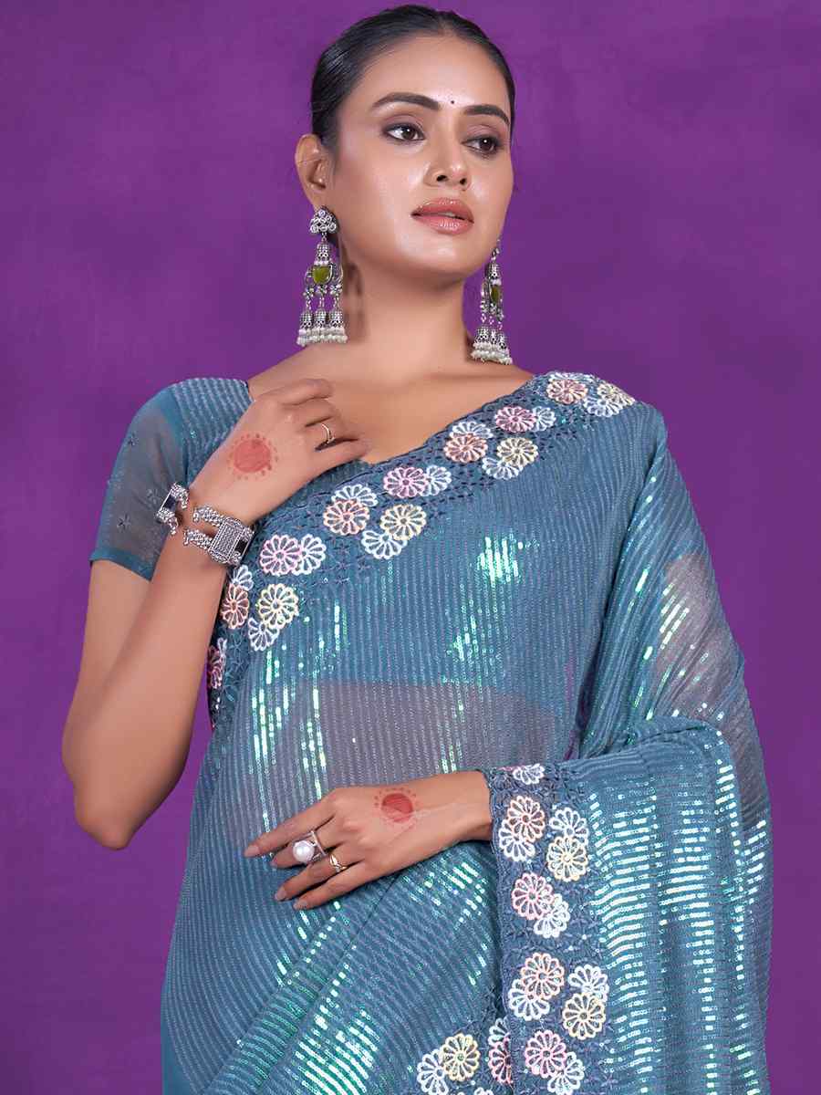 Blue Simer Embroidered Wedding Party Heavy Border Saree