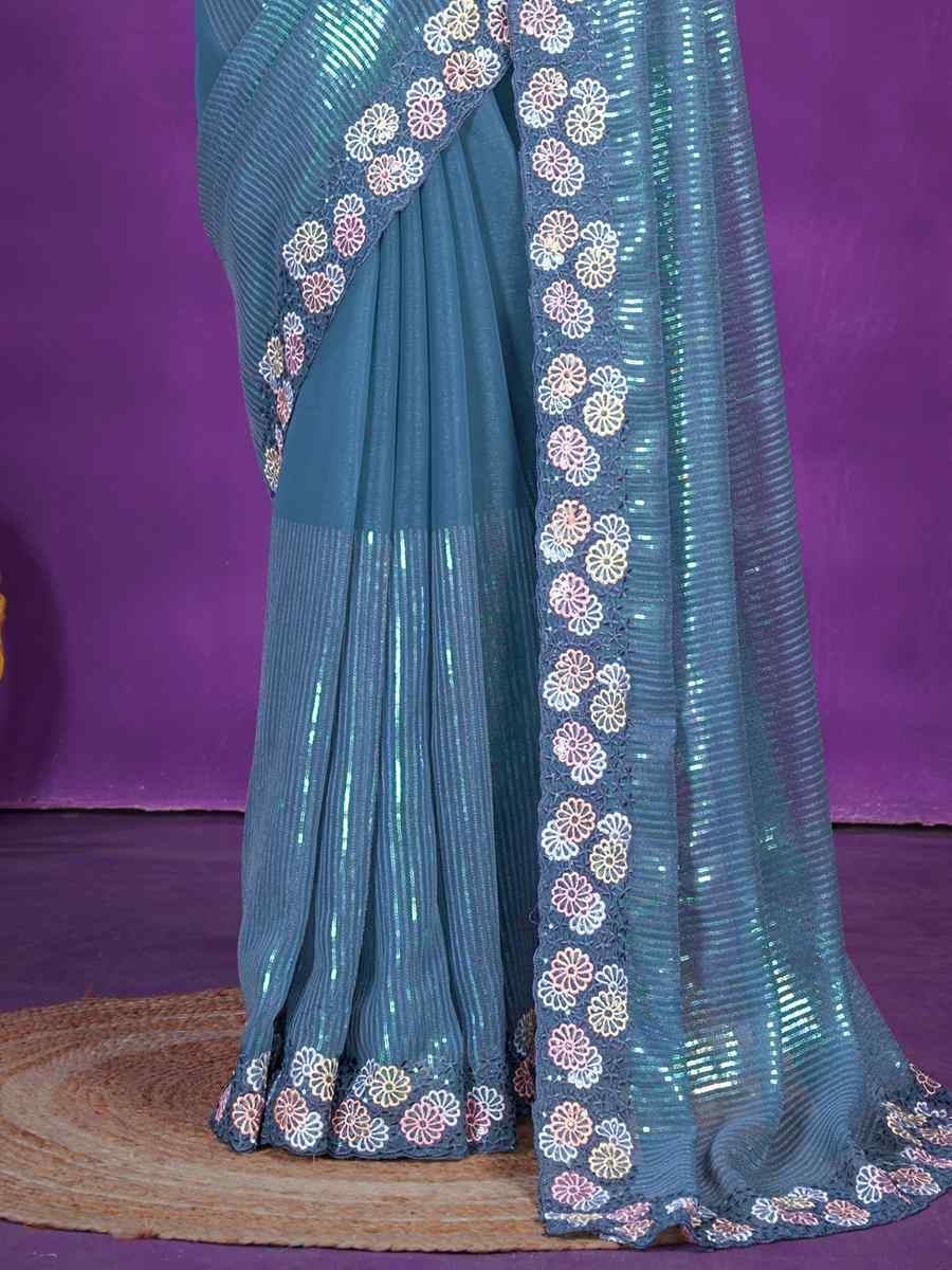 Blue Simer Embroidered Wedding Party Heavy Border Saree