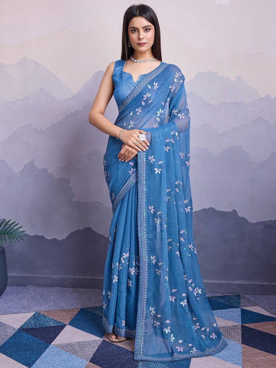 Blue Simmer Chiffon Handwoven Festival Wedding Classic Style Saree