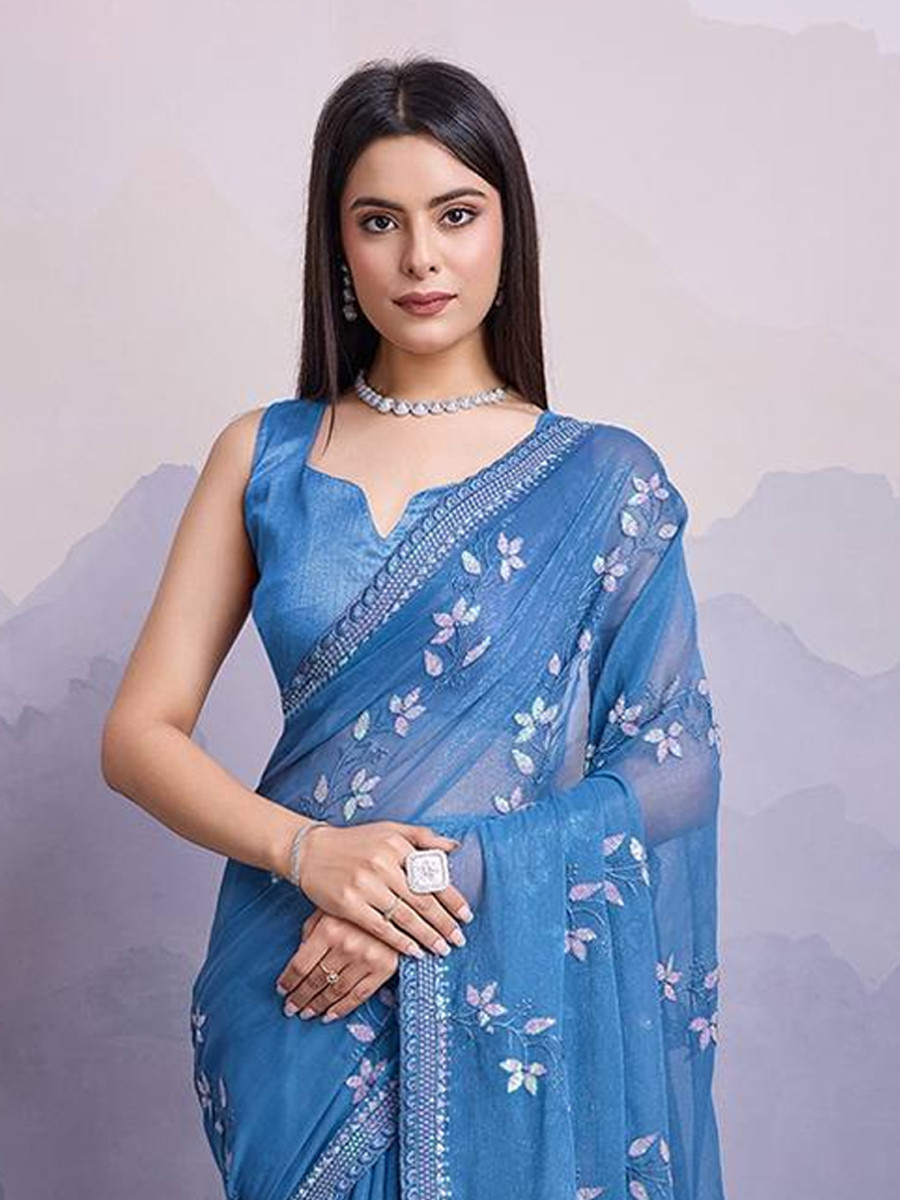 Blue Simmer Chiffon Handwoven Festival Wedding Classic Style Saree