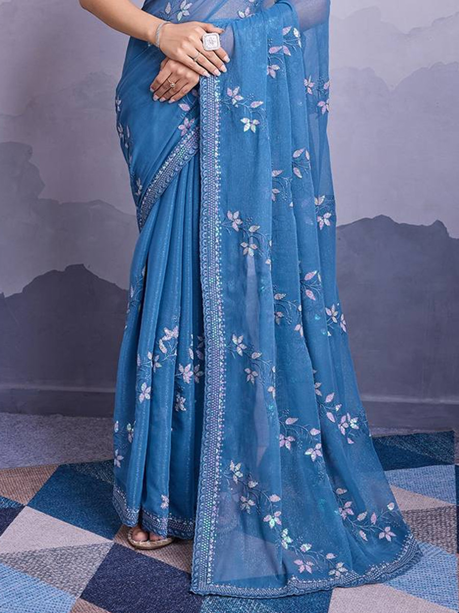 Blue Simmer Chiffon Handwoven Festival Wedding Classic Style Saree