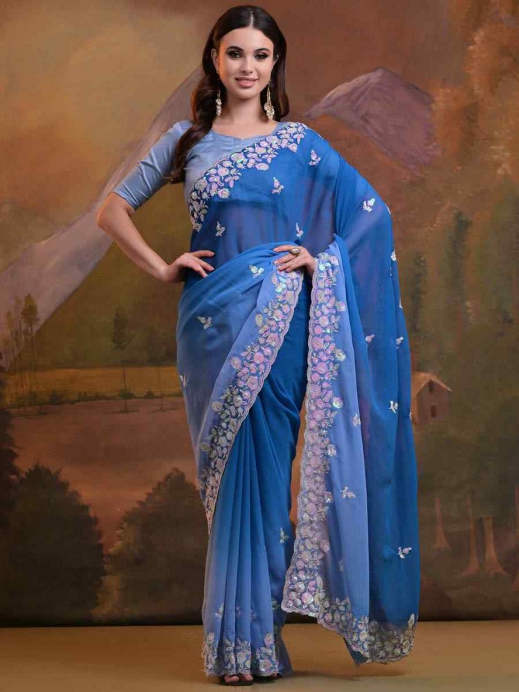 Blue Soft Georgette Embroidered Festival Wedding Heavy Border Saree