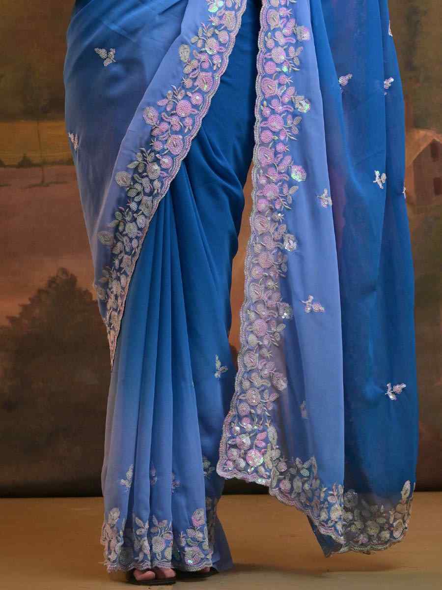 Blue Soft Georgette Embroidered Festival Wedding Heavy Border Saree