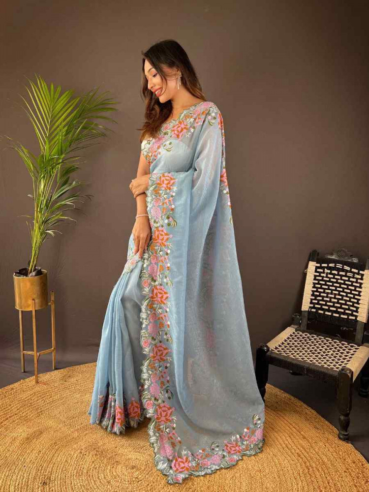 Blue Soft Glossy Silk Embroidered Reception Party Heavy Border Saree