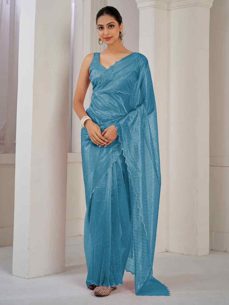 Blue Soft Organza Net Handwoven Festival Party Classic Style Saree