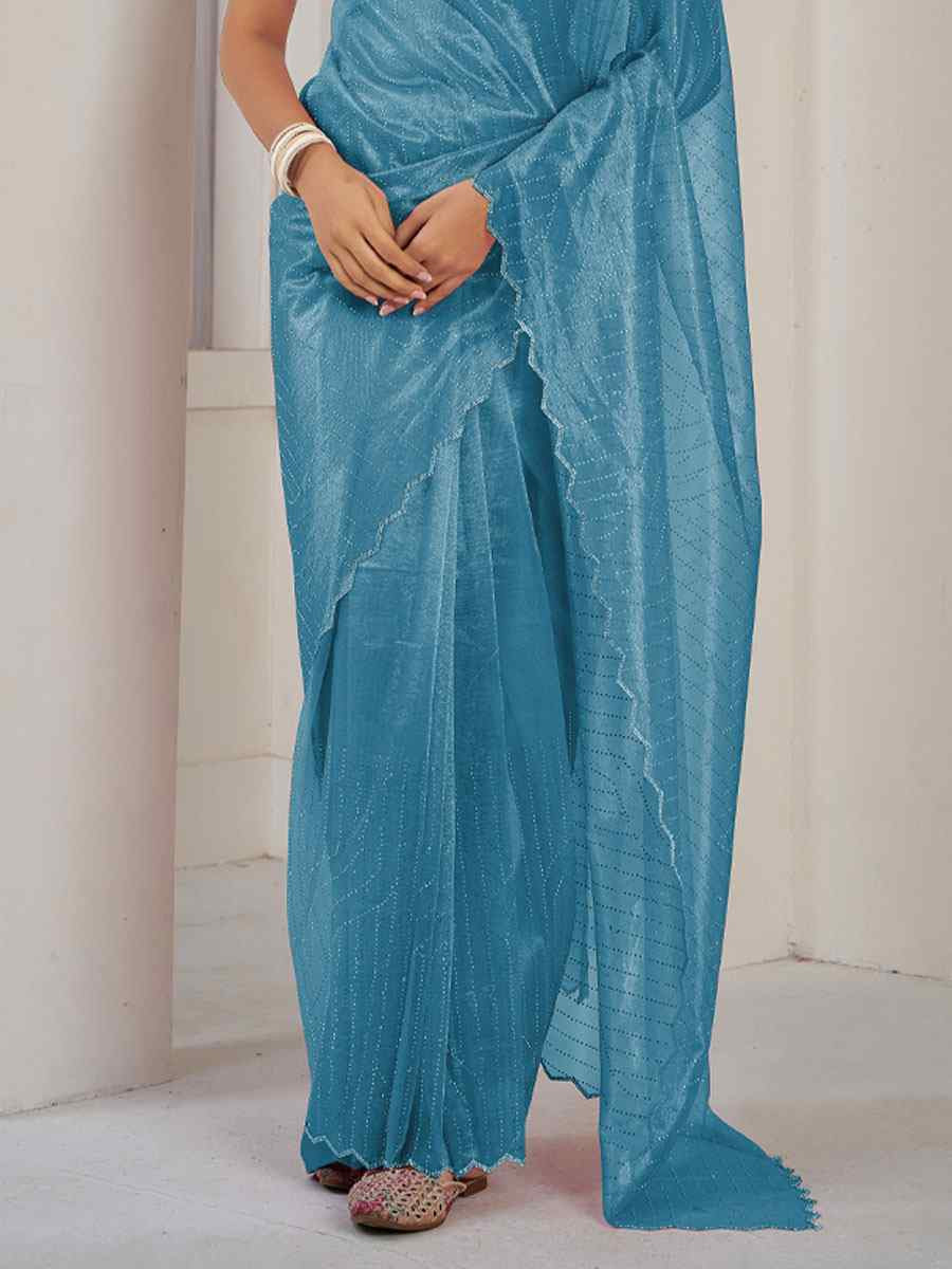 Blue Soft Organza Net Handwoven Festival Party Classic Style Saree