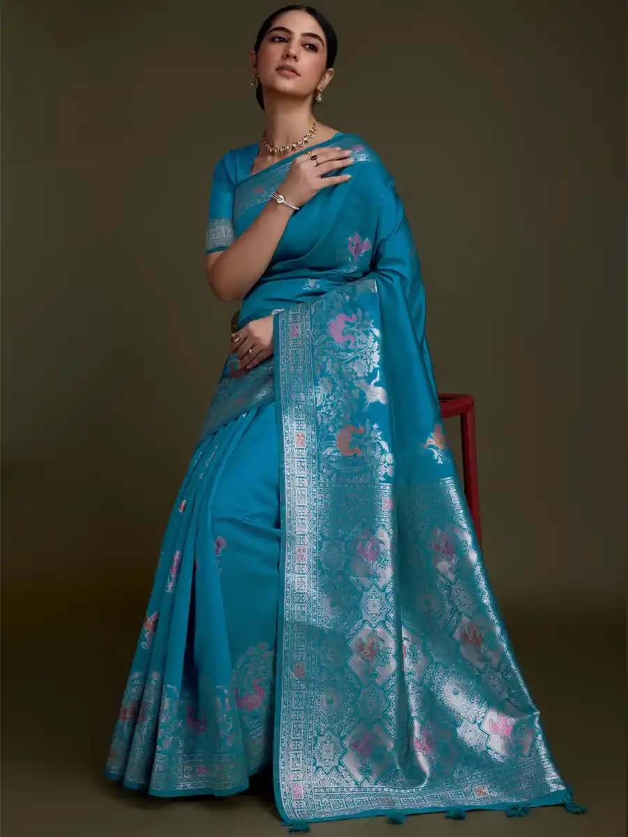 Blue Soft Silk Handwoven Festival Wedding Heavy Border Saree