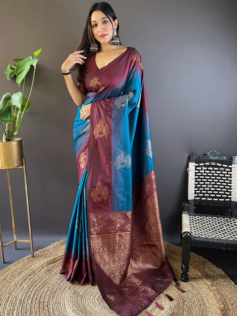 Blue Soft Silk Handwoven Festival Wedding Heavy Border Saree