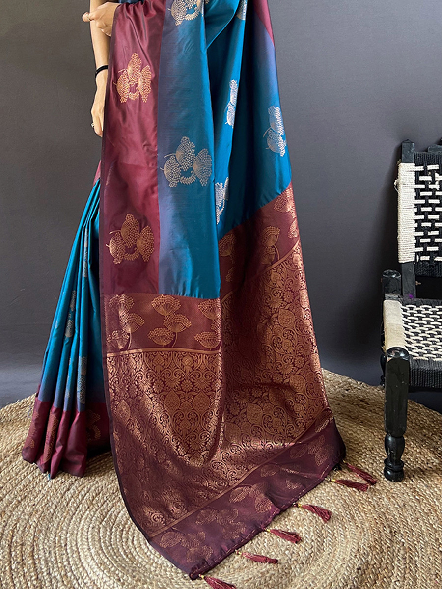 Blue Soft Silk Handwoven Festival Wedding Heavy Border Saree