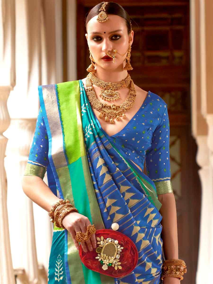 Blue Superior P V Silk Handwoven Wedding Festival Heavy Border Saree