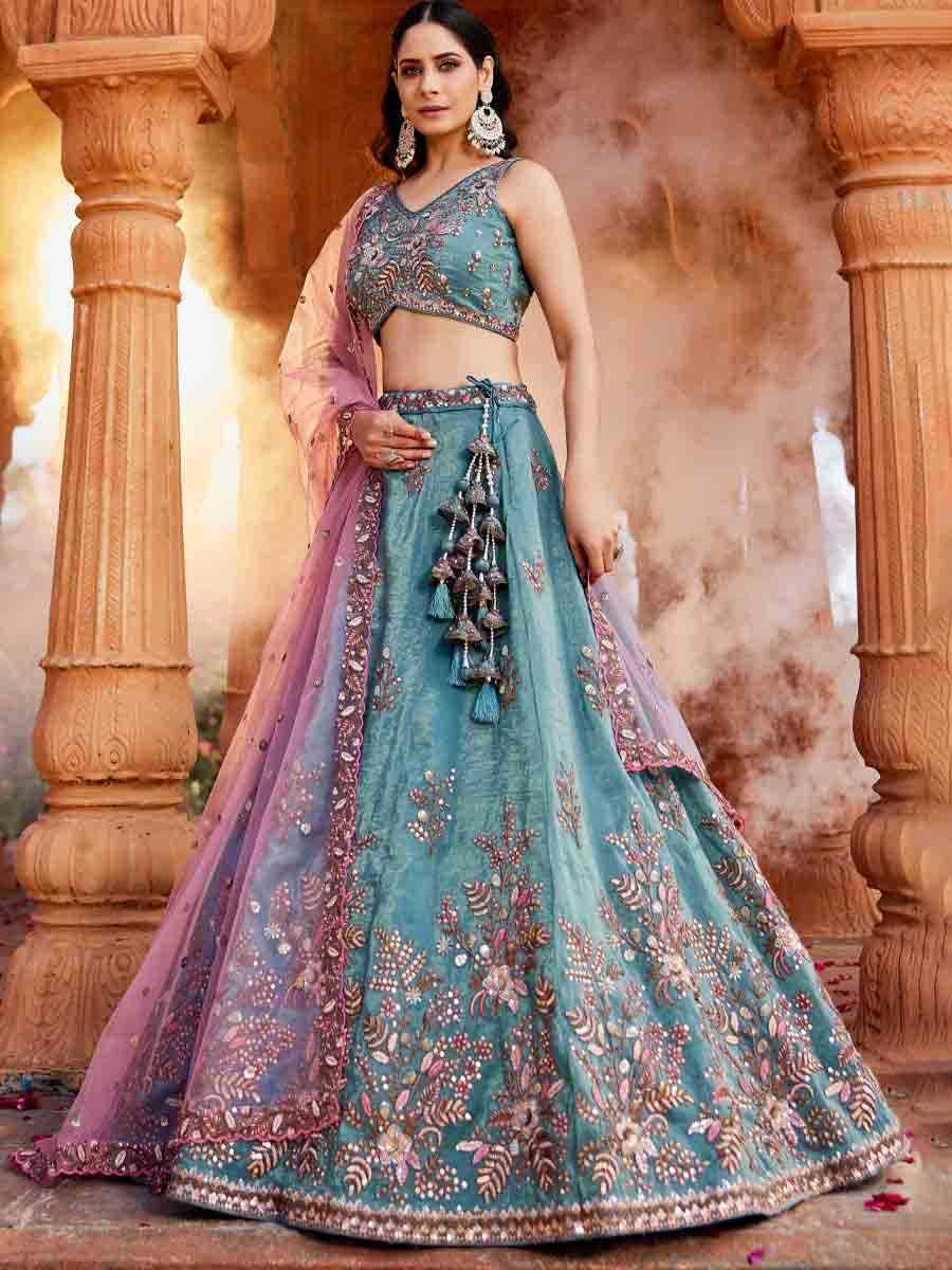 Blue Tissue Embroidery Reception Party Wear Heavy Border Lehenga Choli