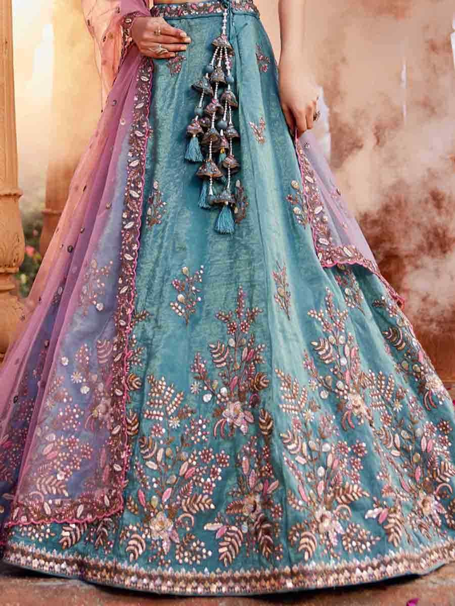 Blue Tissue Embroidery Reception Party Wear Heavy Border Lehenga Choli