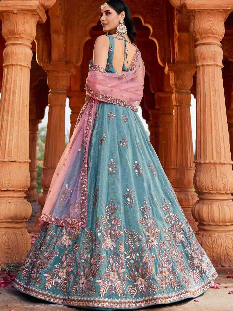 Blue Tissue Embroidery Reception Party Wear Heavy Border Lehenga Choli