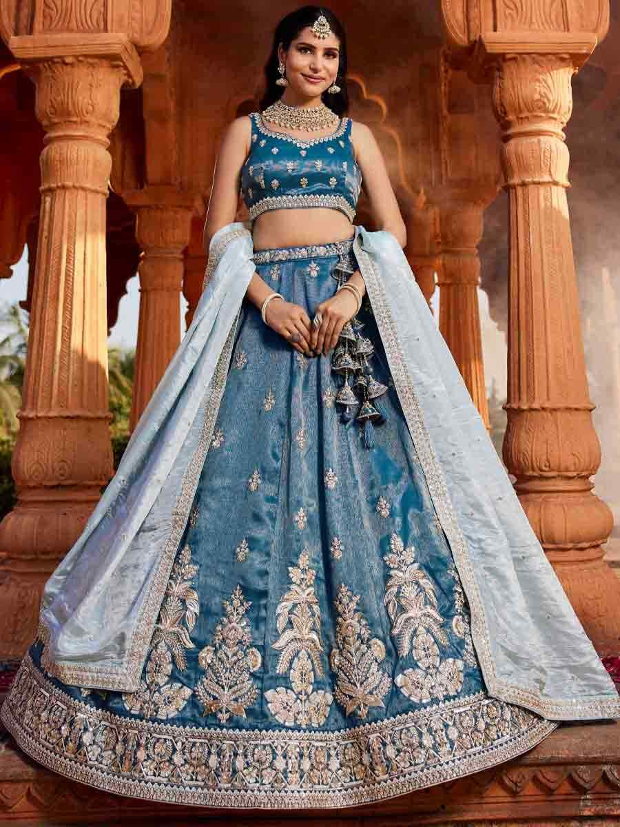 Blue Tissue Embroidery Reception Party Wear Heavy Border Lehenga Choli