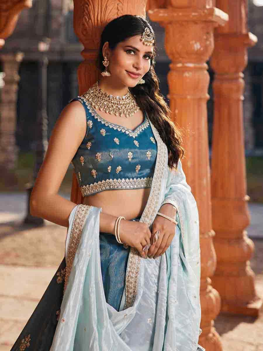 Blue Tissue Embroidery Reception Party Wear Heavy Border Lehenga Choli