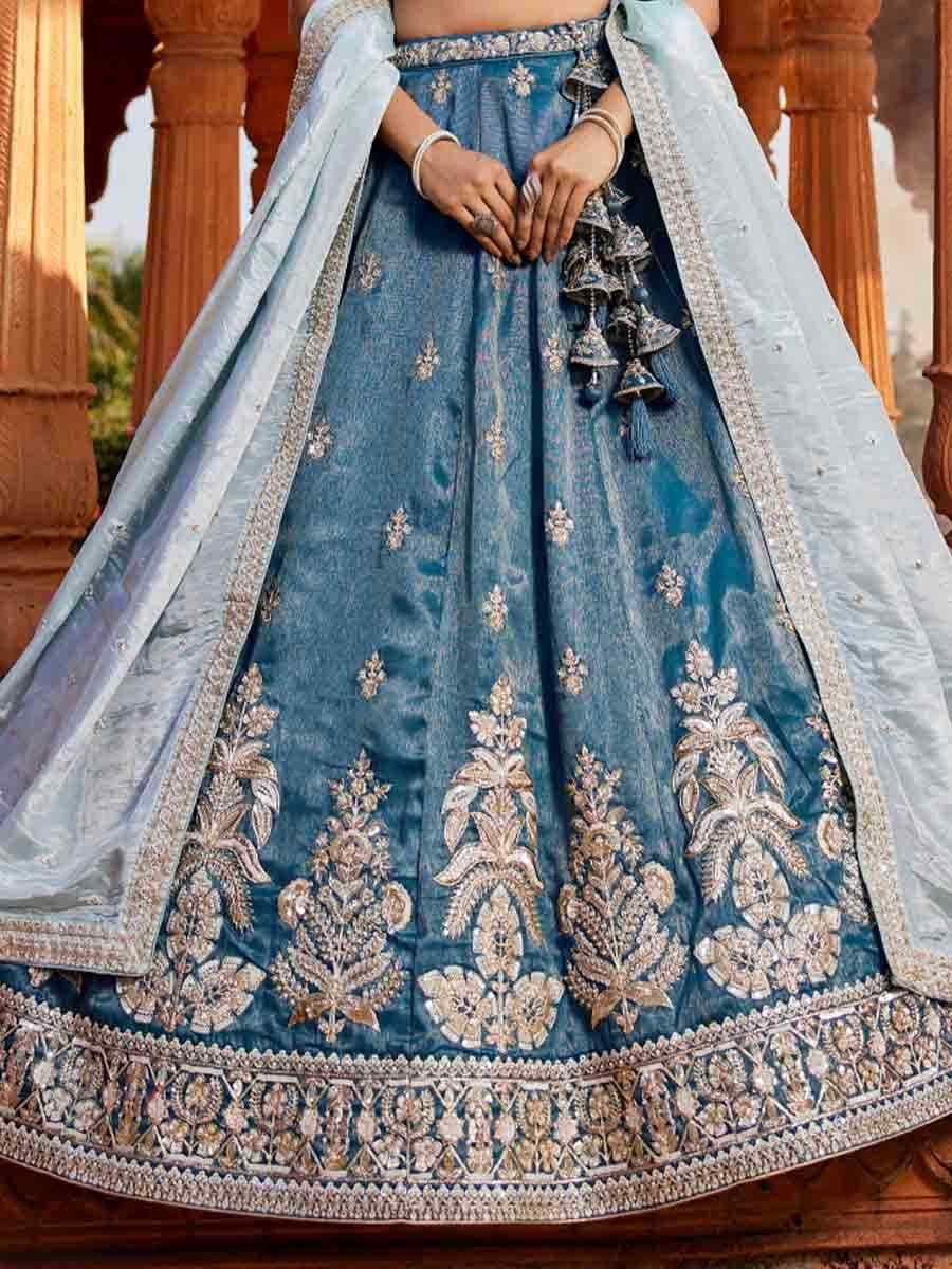 Blue Tissue Embroidery Reception Party Wear Heavy Border Lehenga Choli