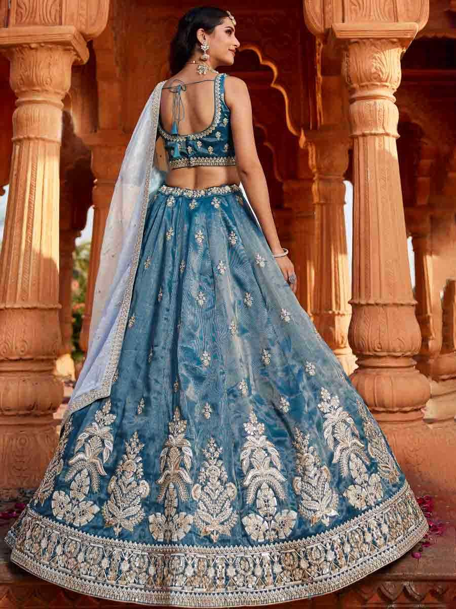 Blue Tissue Embroidery Reception Party Wear Heavy Border Lehenga Choli