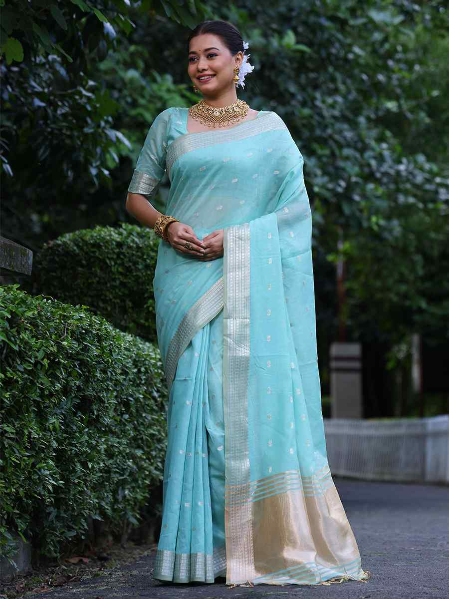 Blue Tissue Silk Handwoven Festival Wedding Heavy Border Saree