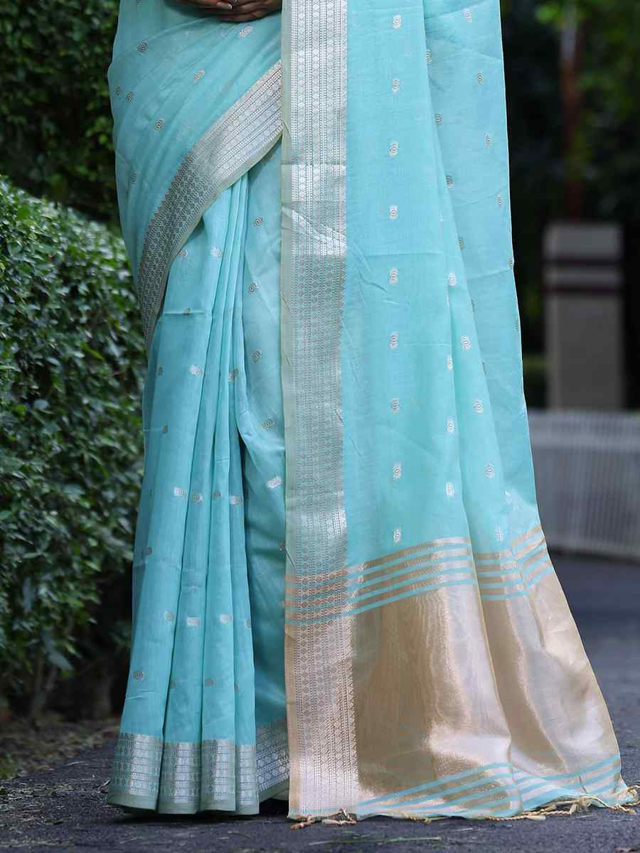 Blue Tissue Silk Handwoven Festival Wedding Heavy Border Saree