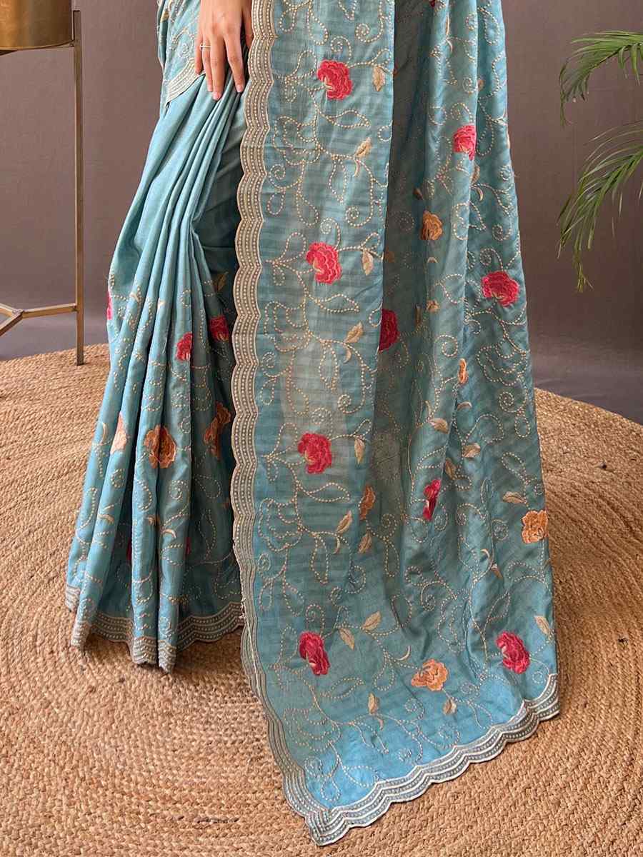 Blue Tussar Silk Handwoven Wedding Festival Heavy Border Saree