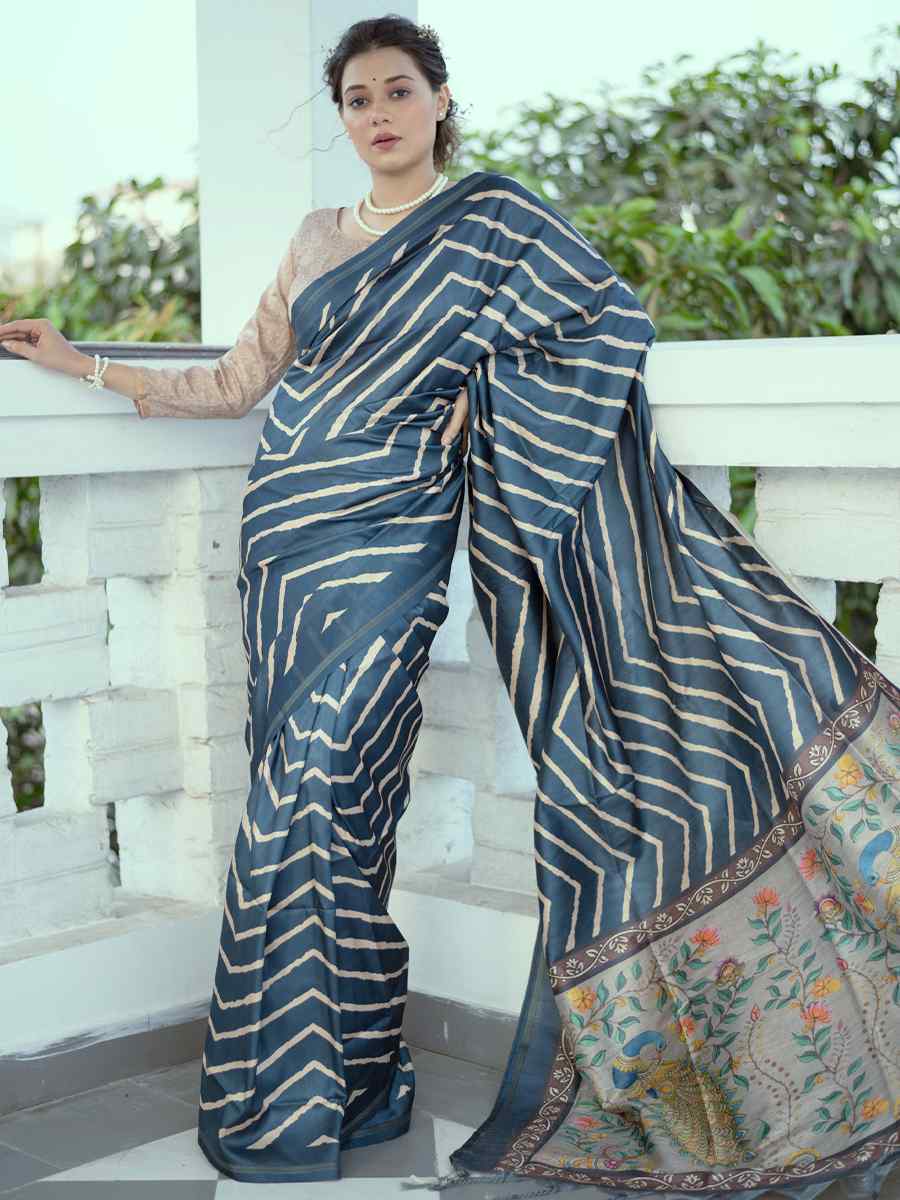 Blue Tussar Silk Printed Casual Festival Contemporary Saree