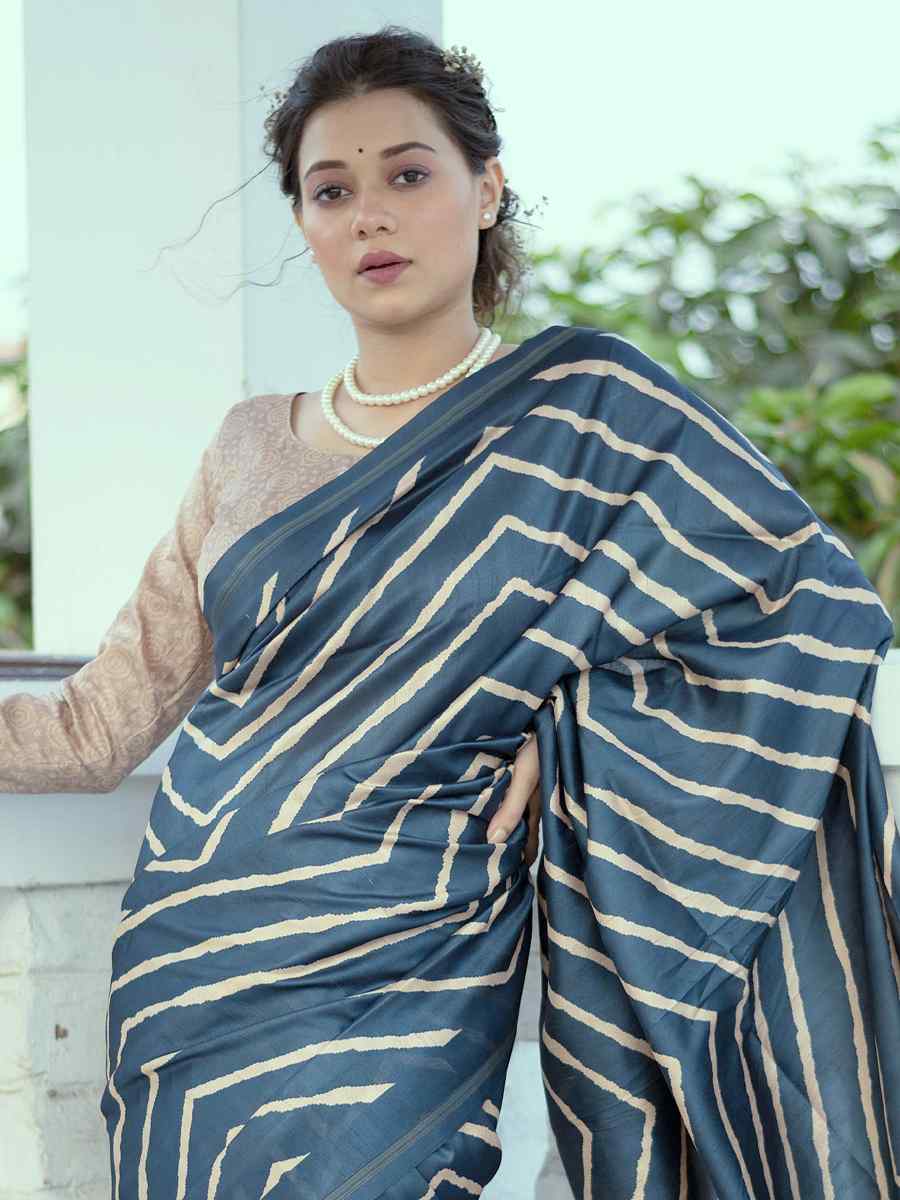 Blue Tussar Silk Printed Casual Festival Contemporary Saree