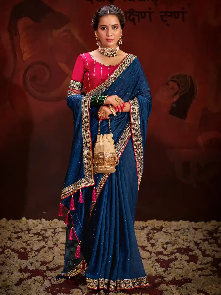 Blue Vichitra Bluming Embroidered Festival Party Heavy Border Saree